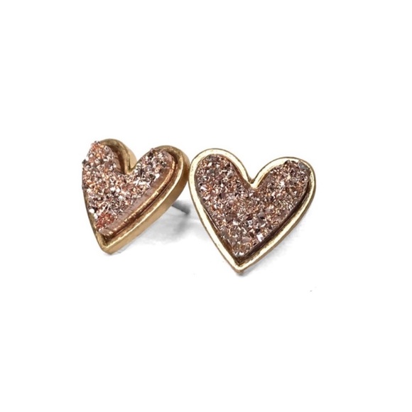 New Rose Gold Tone Lab Created Druzy Heart Stone Stud Earrings - Picture 4 of 7